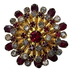 Vintage Gold-Tone Rhinestone Floral Brooch Pin Ruby Red Snowflake Multi Layered